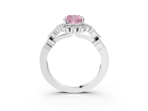 White gold Fancy Pink Cushion Cut Brilliant Milgrain Pave Heart Band Solitaire Ring_3