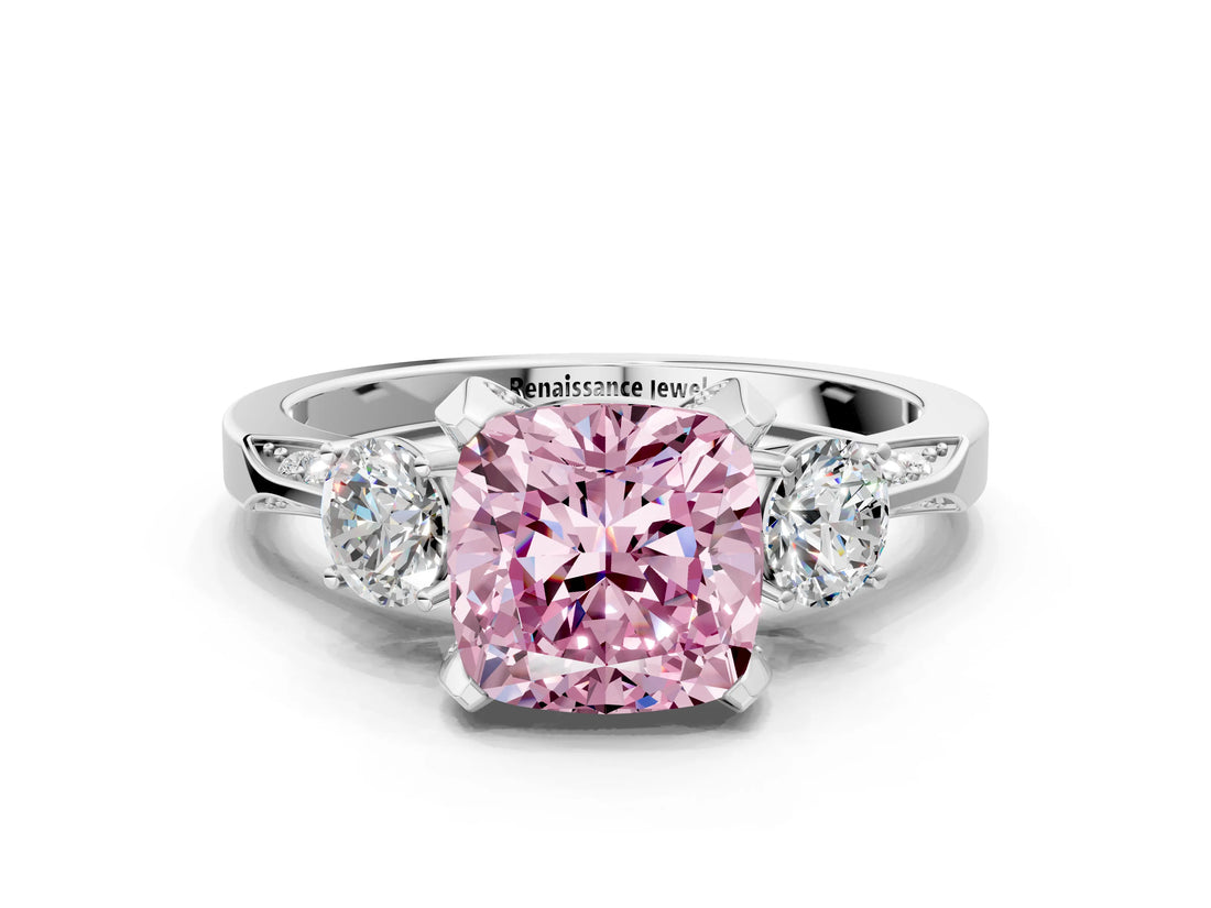 White gold Fancy Pink Cushion Cut Brilliant Three-Stone Diamond Ring with Pavé Band and Four-Prong Setting_15