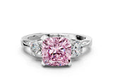 White gold Fancy Pink Cushion Cut Brilliant Three-Stone Diamond Ring with Pavé Band and Four-Prong Setting_15