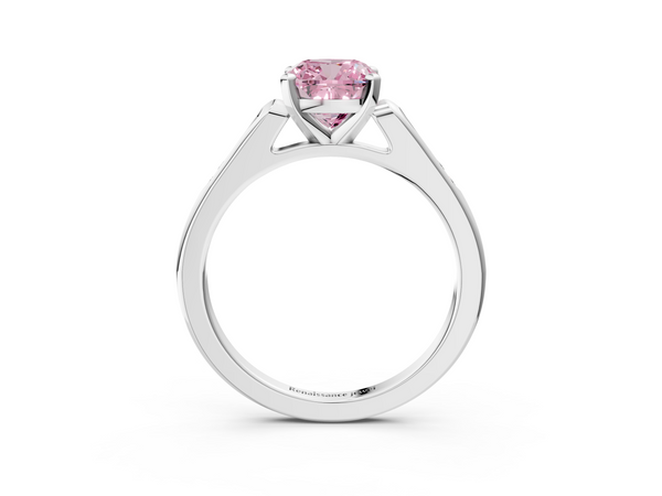 White gold Fancy Pink Cushion  Cut Channel Set Solitaire Engagement Ring with Four-Prong Setting