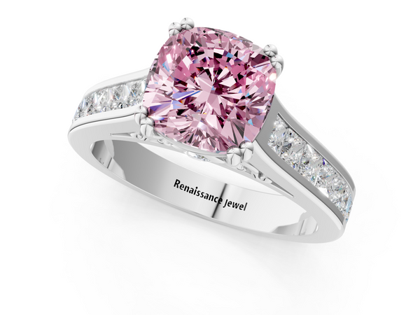 Platinum Fancy Pink Cushion  Cut Channel Set Solitaire Engagement Ring with Prong Setting