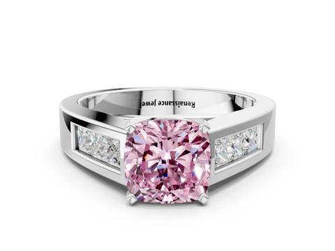 White gold Fancy Pink Cushion Cut Cut Channel Set Solitaire Ring with Four-Prong Setting