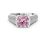 White gold Fancy Pink Cushion Cut Cut Diamond Channel Set Pave Band with Tension Prong Setting