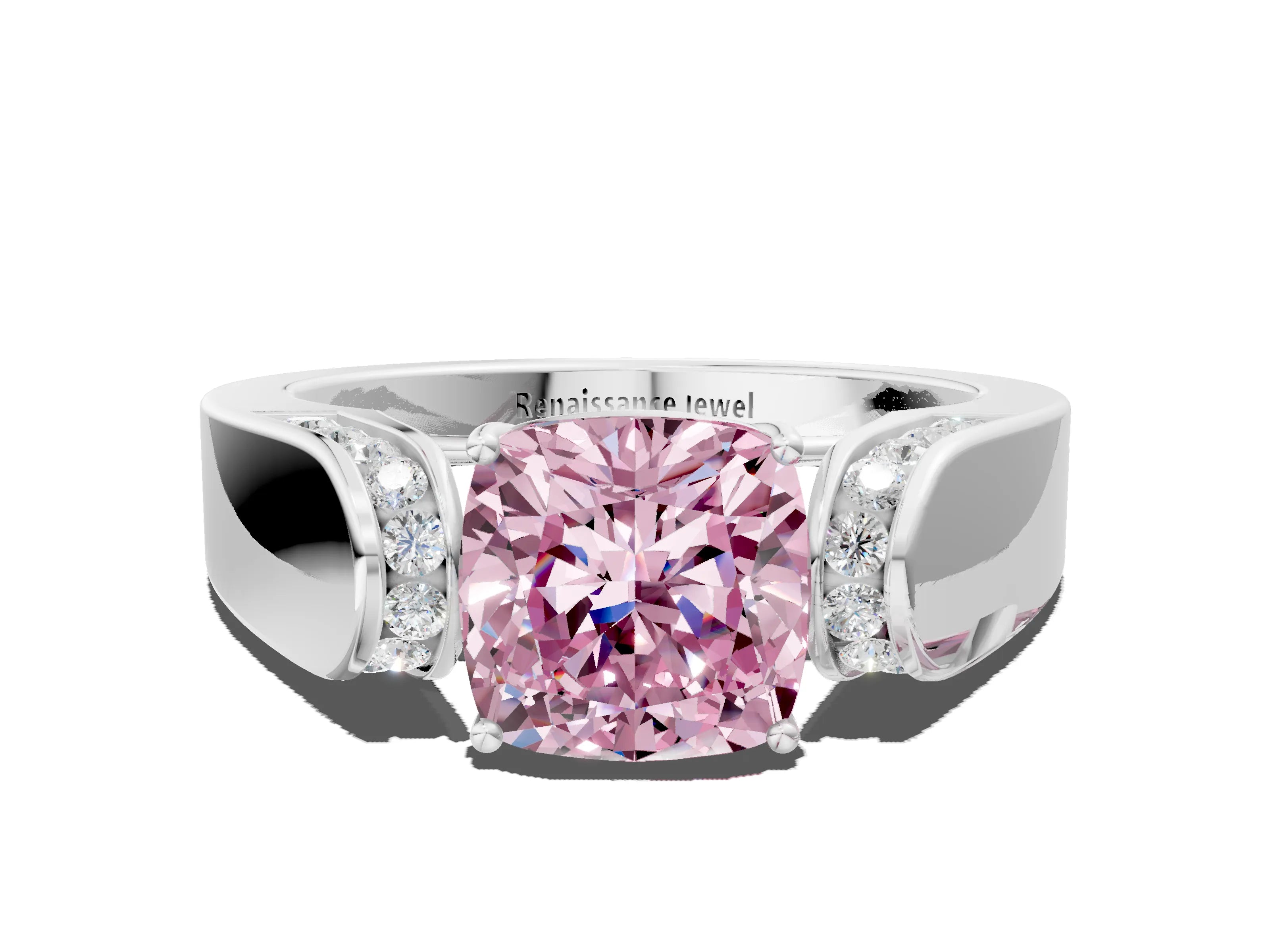 White gold Fancy Pink Cushion Cut Cut Diamond Channel Set Solitaire Ring with Four-Prong Setting