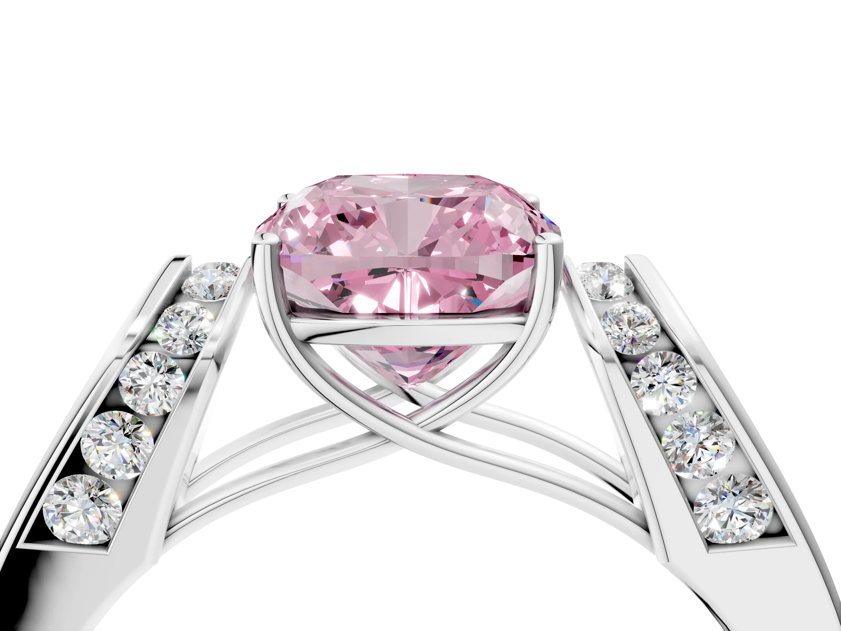 White gold Fancy Pink Cushion Cut Cut Diamond Channel Set Solitaire Ring with Four-Prong Setting_100