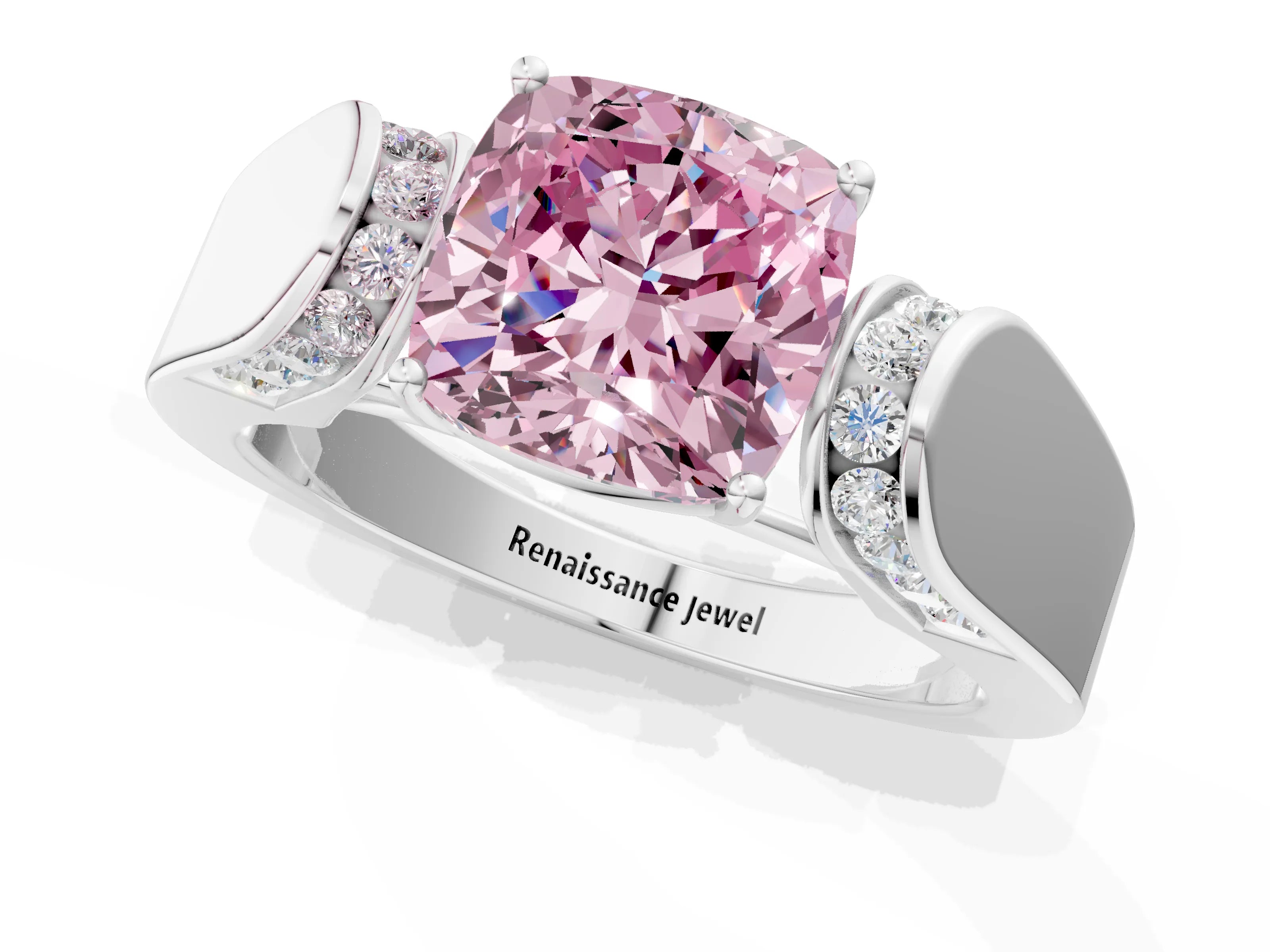 White gold Fancy Pink Cushion Cut Cut Diamond Channel Set Solitaire Ring with Four-Prong Setting_1