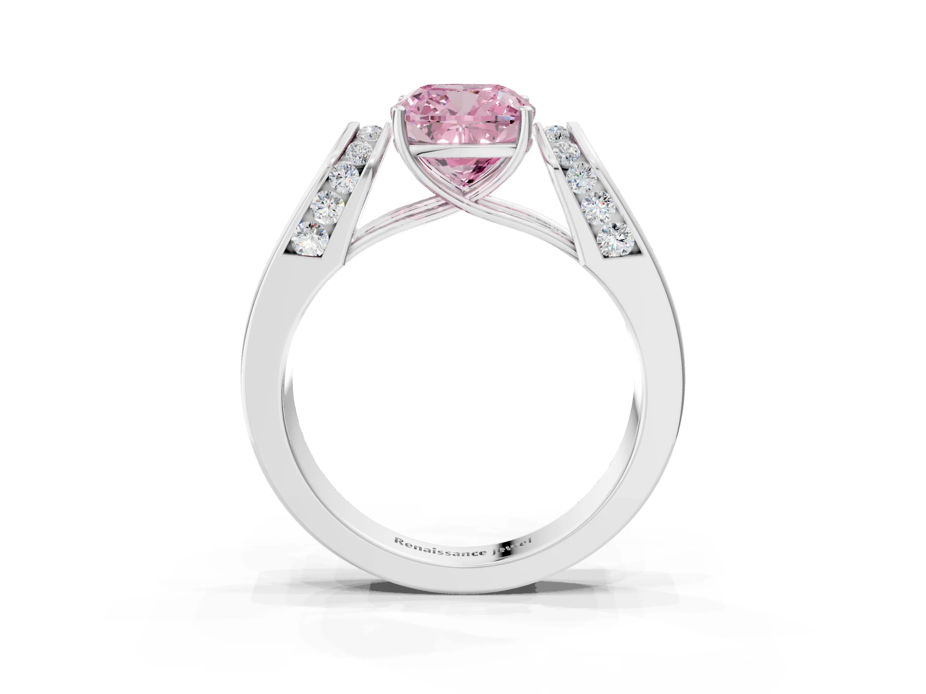 White gold Fancy Pink Cushion Cut Cut Diamond Channel Set Solitaire Ring with Four-Prong Setting_3