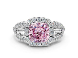 White gold Fancy Pink Cushion Cut Cut Diamond Halo Engagement Ring with Open Split Pavé Band