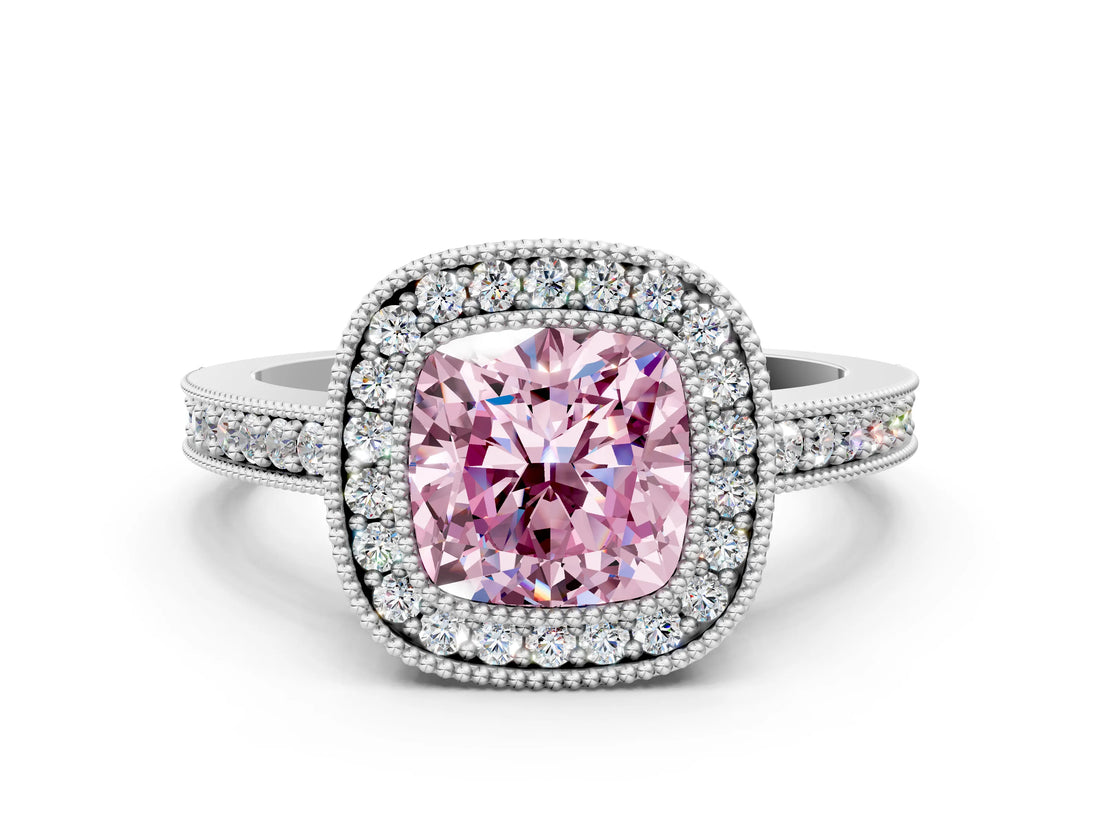White gold Fancy Pink Cushion Cut-Cut Diamond Halo Engagement Ring with Pave Band and Prong Setting