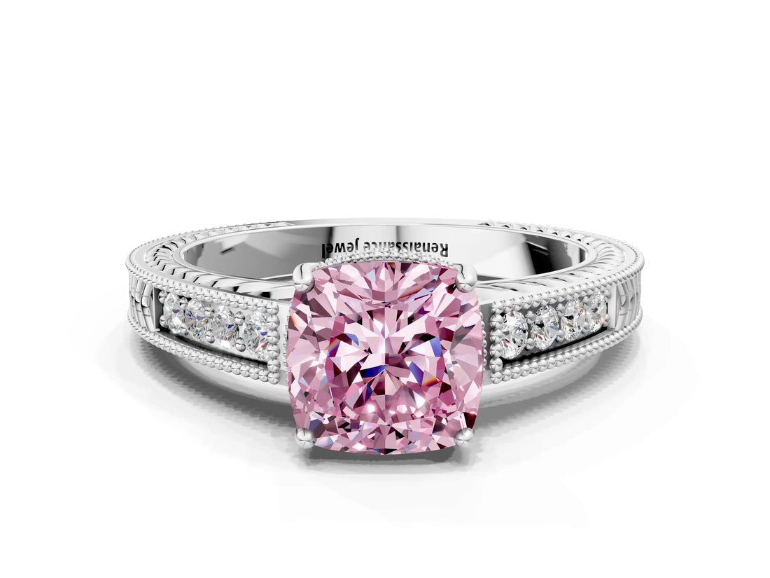 White gold Fancy Pink Cushion Cut Cut Diamond Milgrain Pave Band Four-Prong Setting Ring_15
