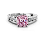 White gold Fancy Pink Cushion Cut Cut Diamond Milgrain Pave Band Four-Prong Setting Ring_15