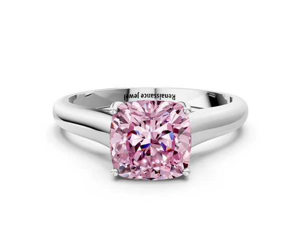Platinum Fancy Pink Cushion Cut Cut Diamond Solitaire Engagement Ring with Tapered Plain Band and Four-Prong Setting