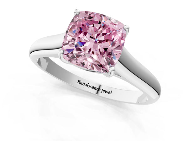Platinum Fancy Pink Cushion Cut Cut Diamond Solitaire Engagement Ring with Tapered Plain Band and Four-Prong Setting
