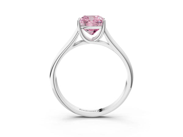 Platinum Fancy Pink Cushion Cut Cut Diamond Solitaire Engagement Ring with Tapered Plain Band and Four-Prong Setting