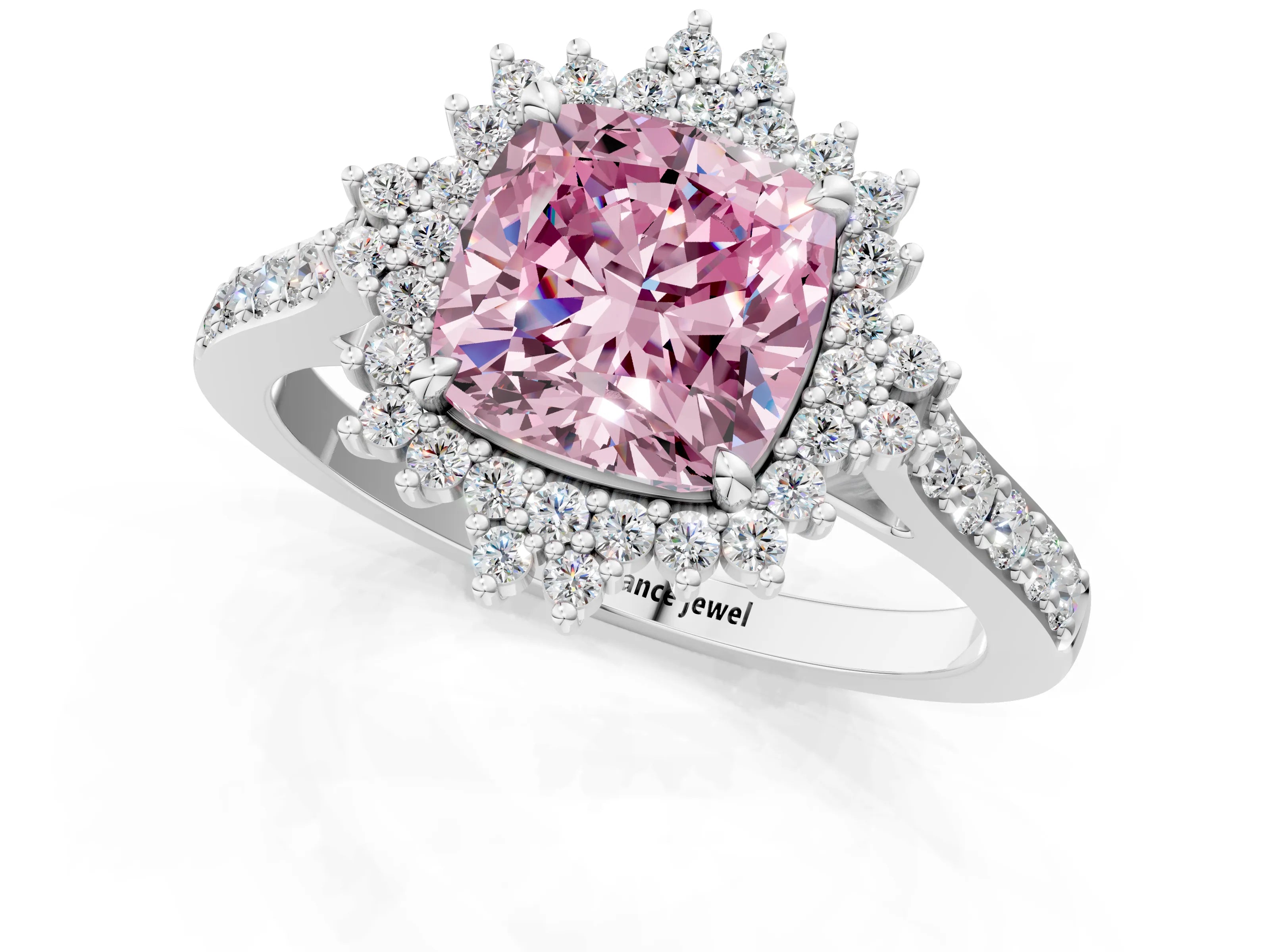White gold Fancy Pink Cushion Cut Cut Diamond Sunburst Halo Engagement Ring with Pavé Band_1