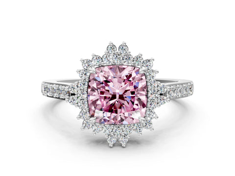 White gold Fancy Pink Cushion Cut Cut Diamond Sunburst Halo Engagement Ring with Pavé Band_12