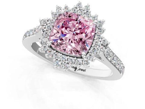 White gold Fancy Pink Cushion Cut Cut Diamond Sunburst Halo Engagement Ring with Pavé Band_13