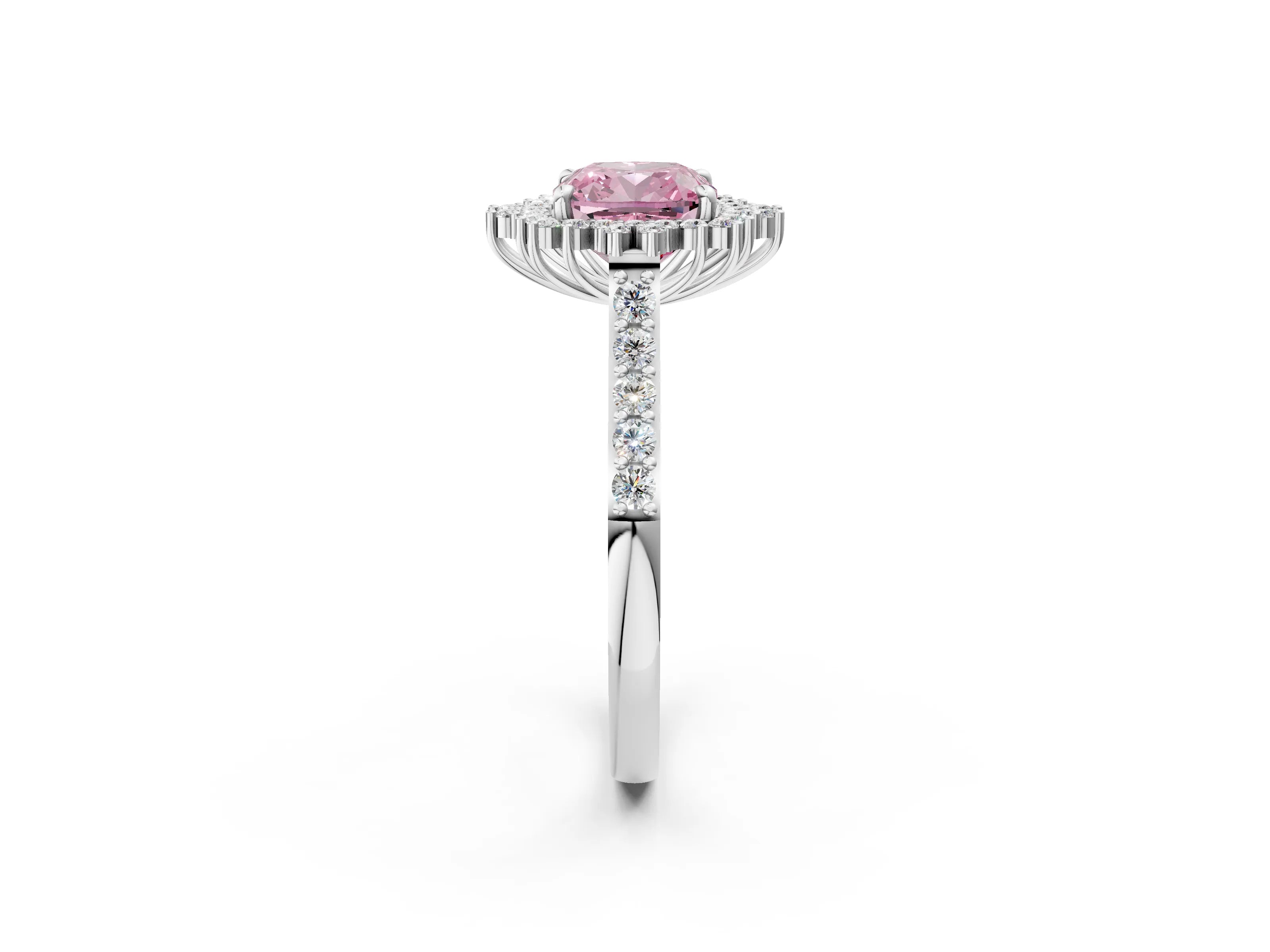 White gold Fancy Pink Cushion Cut Cut Diamond Sunburst Halo Engagement Ring with Pavé Band_14