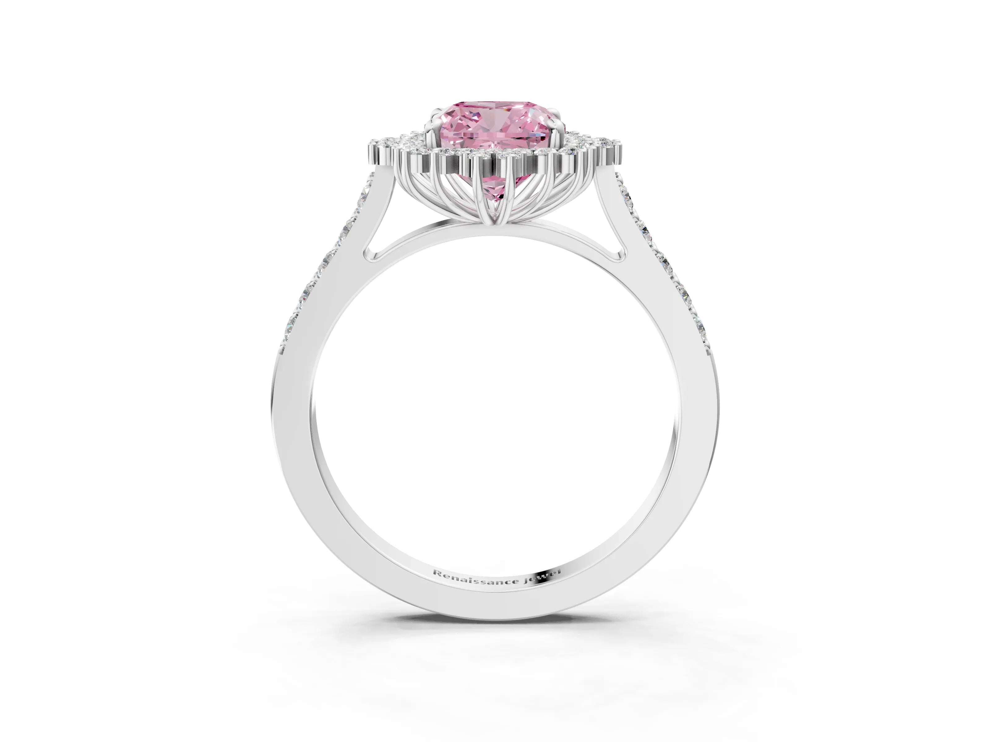 White gold Fancy Pink Cushion Cut Cut Diamond Sunburst Halo Engagement Ring with Pavé Band_15