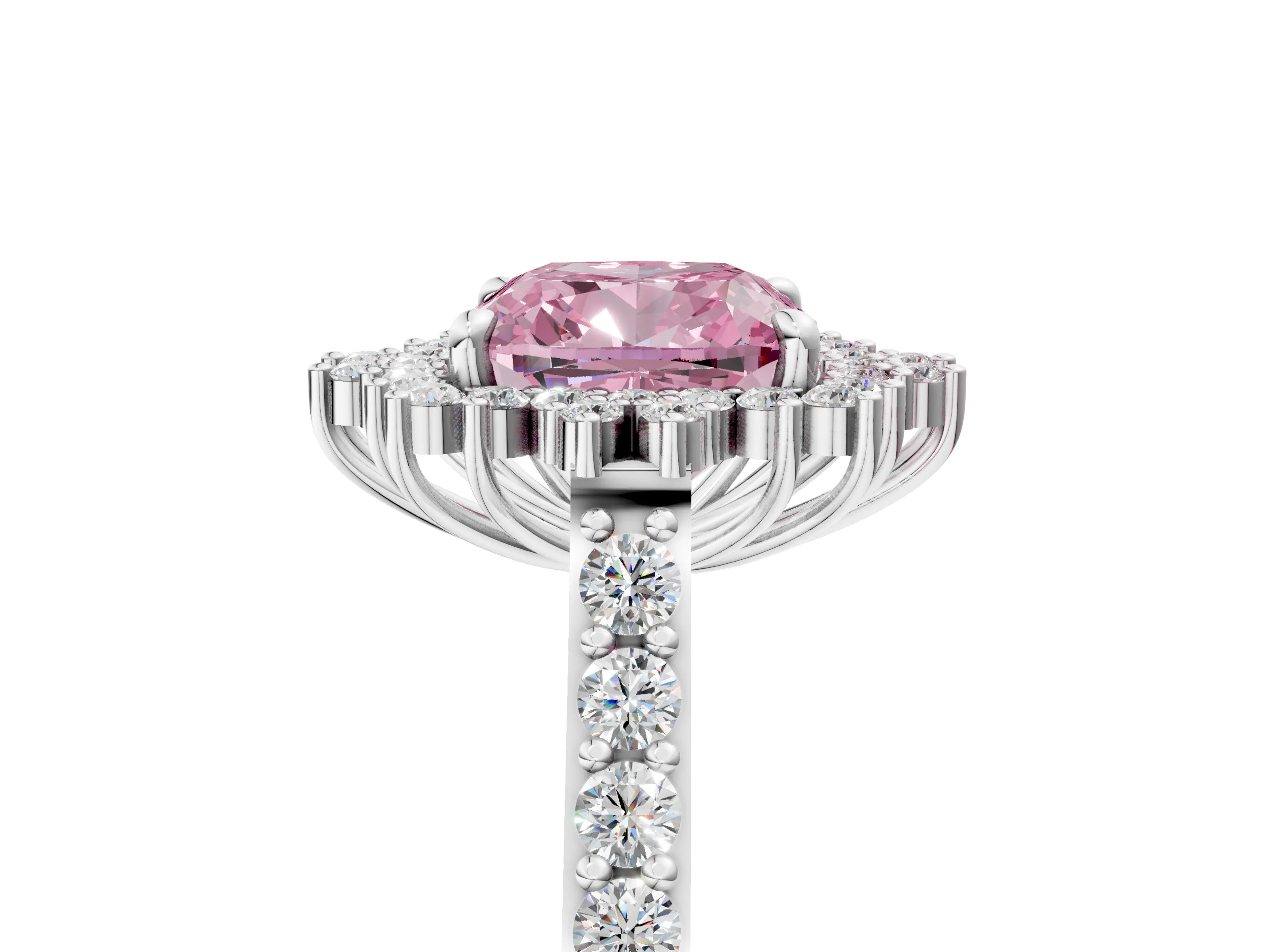 White gold Fancy Pink Cushion Cut Cut Diamond Sunburst Halo Engagement Ring with Pavé Band_17
