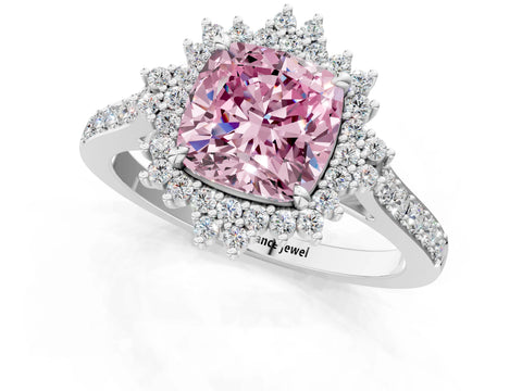White gold Fancy Pink Cushion Cut Cut Diamond Sunburst Halo Engagement Ring with Pavé Band_1