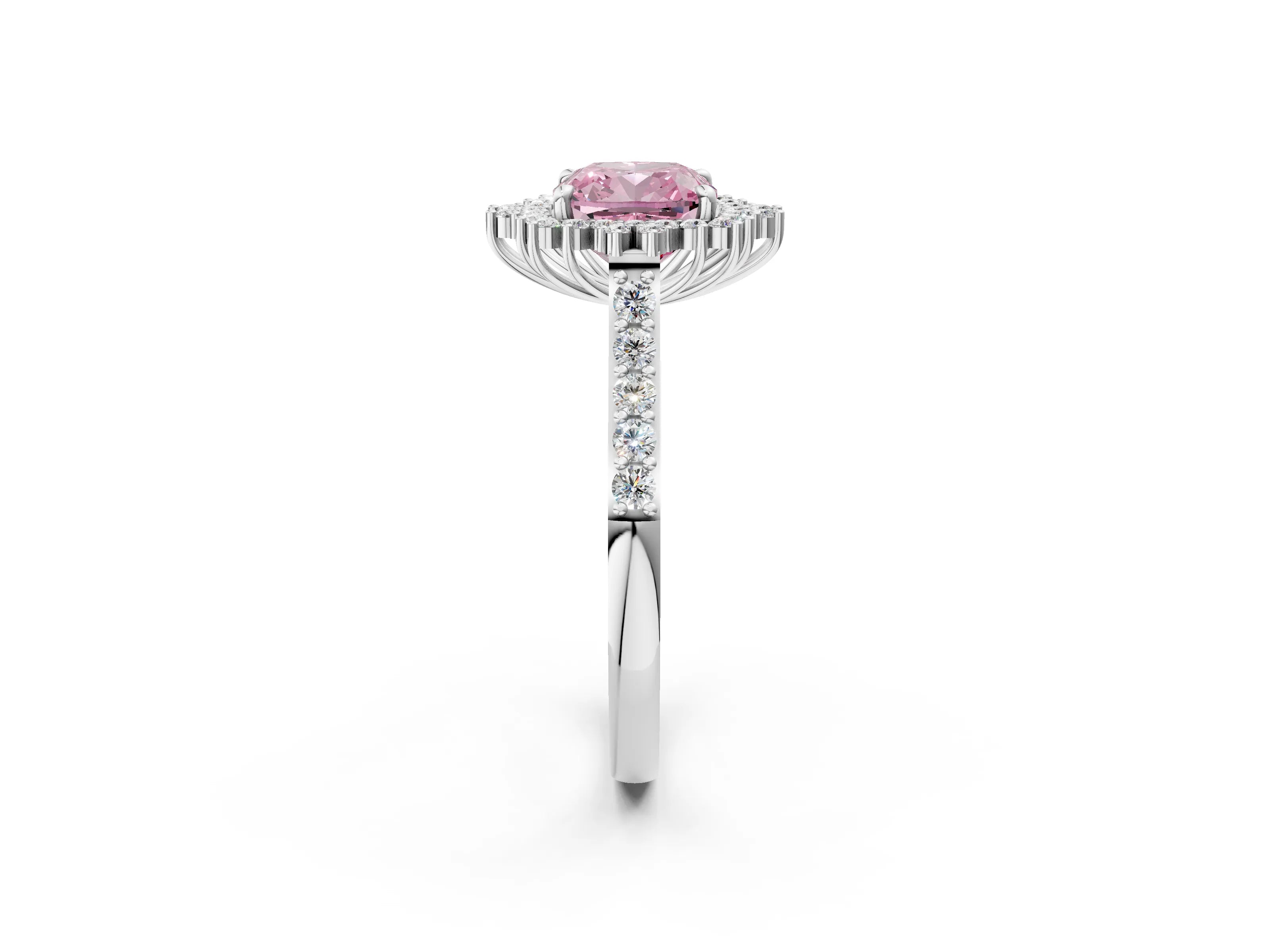 White gold Fancy Pink Cushion Cut Cut Diamond Sunburst Halo Engagement Ring with Pavé Band_2