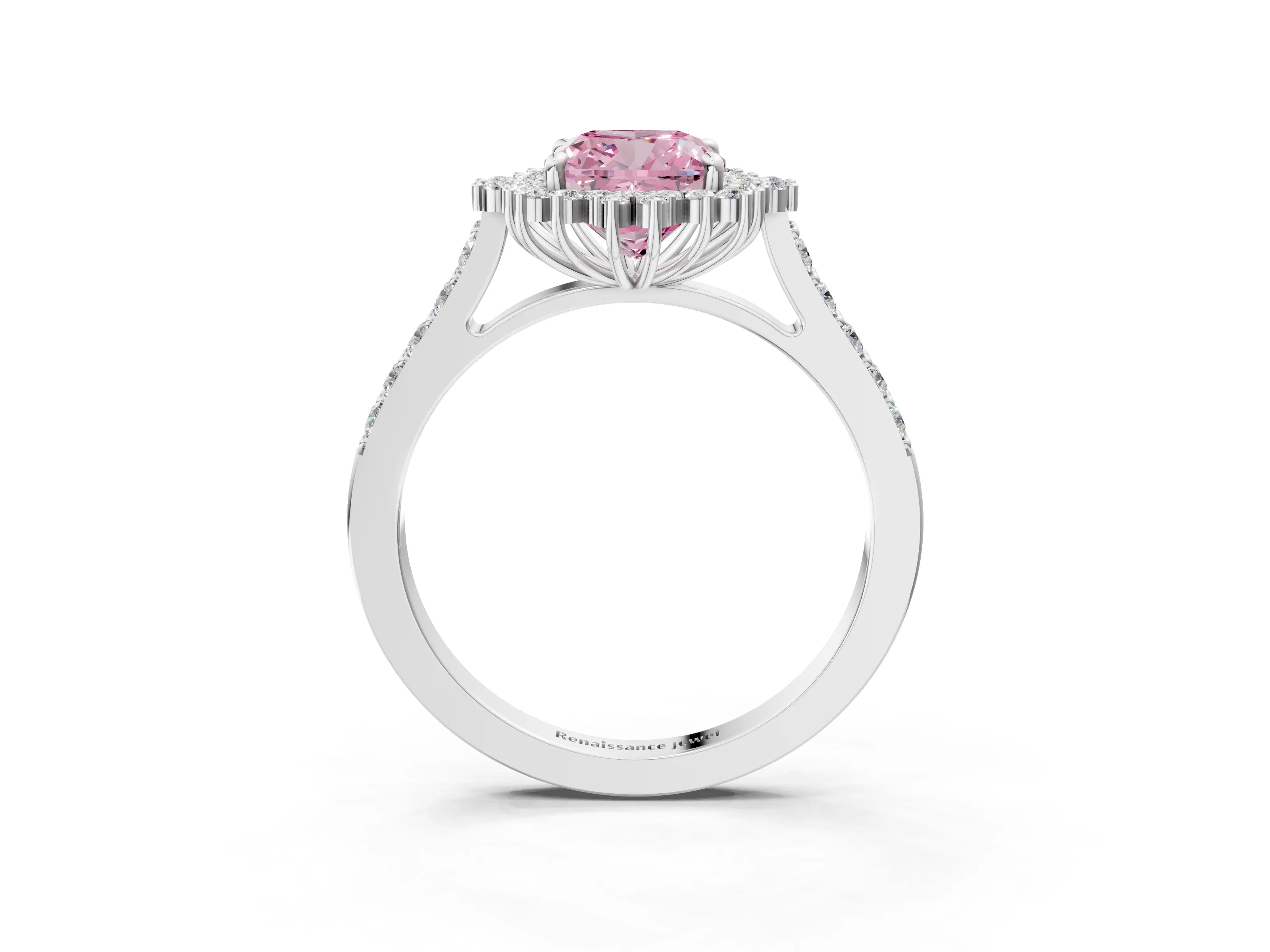 White gold Fancy Pink Cushion Cut Cut Diamond Sunburst Halo Engagement Ring with Pavé Band_3