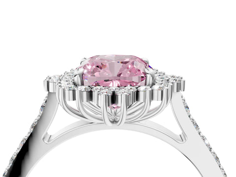 White gold Fancy Pink Cushion Cut Cut Diamond Sunburst Halo Engagement Ring with Pavé Band_4