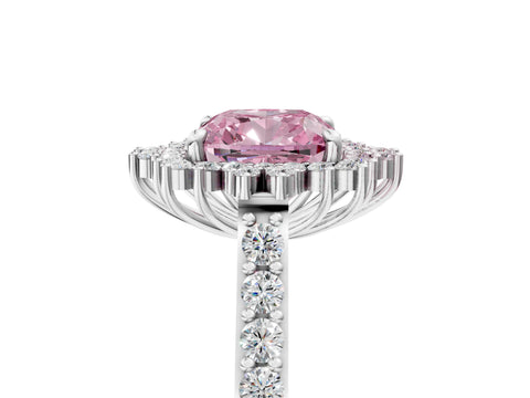 White gold Fancy Pink Cushion Cut Cut Diamond Sunburst Halo Engagement Ring with Pavé Band_5