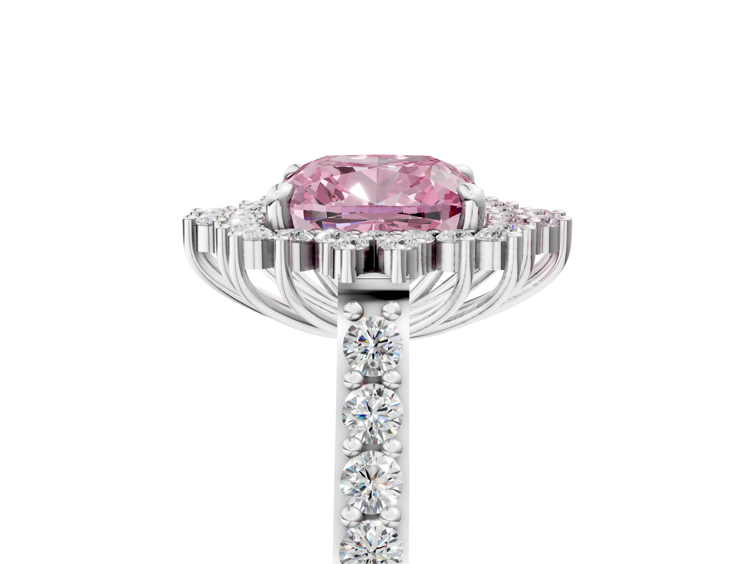 White gold Fancy Pink Cushion Cut Cut Diamond Sunburst Halo Engagement Ring with Pavé Band_5