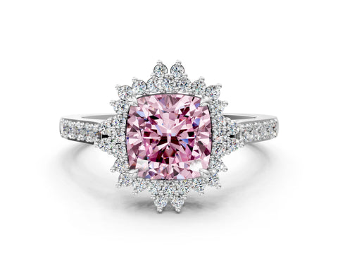 White gold Fancy Pink Cushion Cut Cut Diamond Sunburst Halo Engagement Ring with Pavé Band