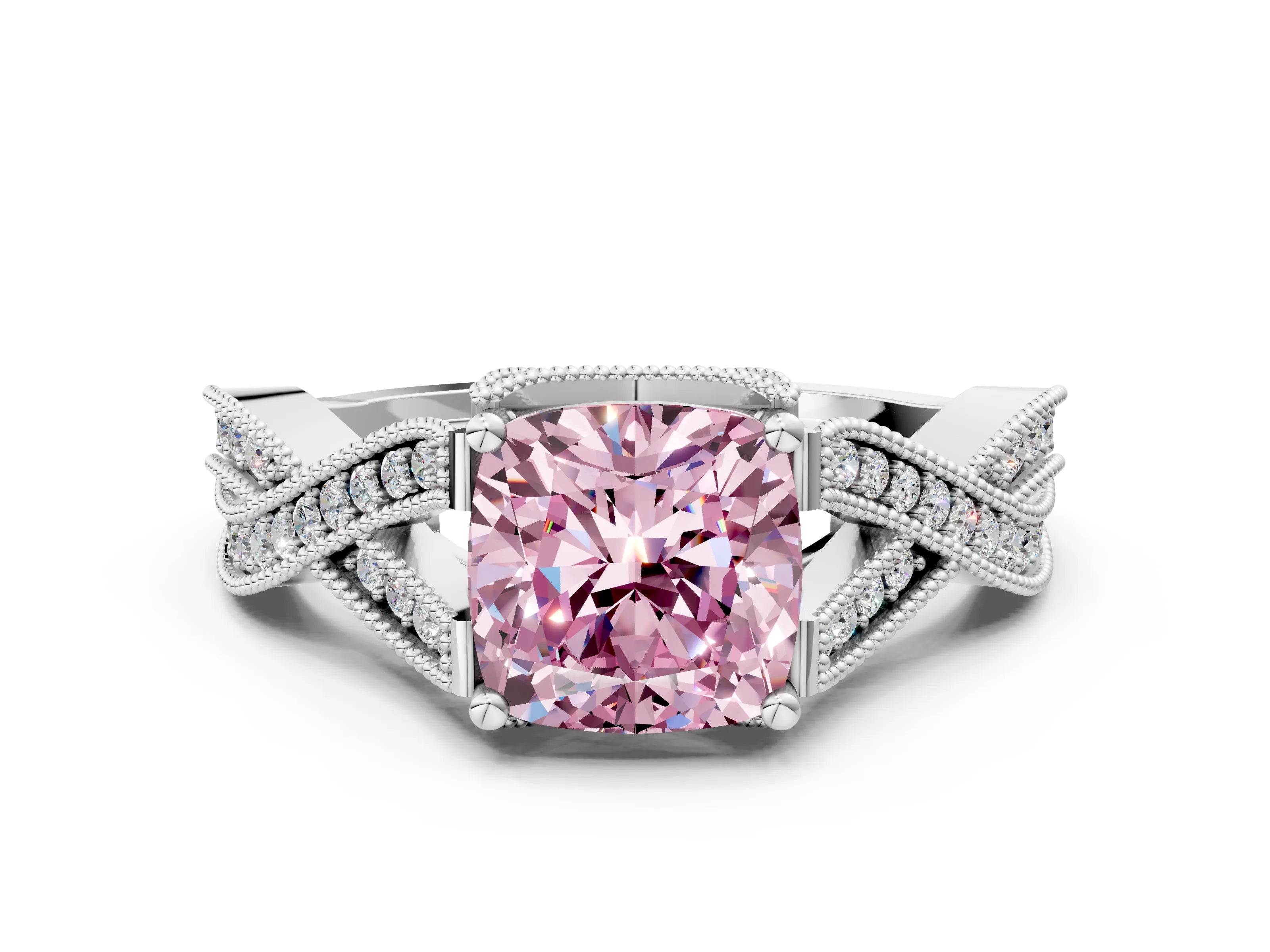 White gold Fancy Pink Cushion Cut Cut Diamond Twisted Band with Milgrain Pave Setting and Four-Prong Setting_12