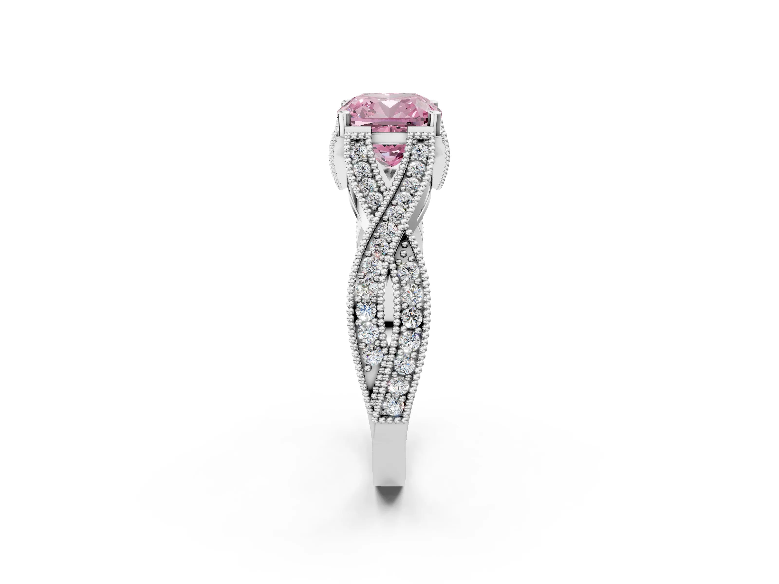 White gold Fancy Pink Cushion Cut Cut Diamond Twisted Band with Milgrain Pave Setting and Four-Prong Setting_14