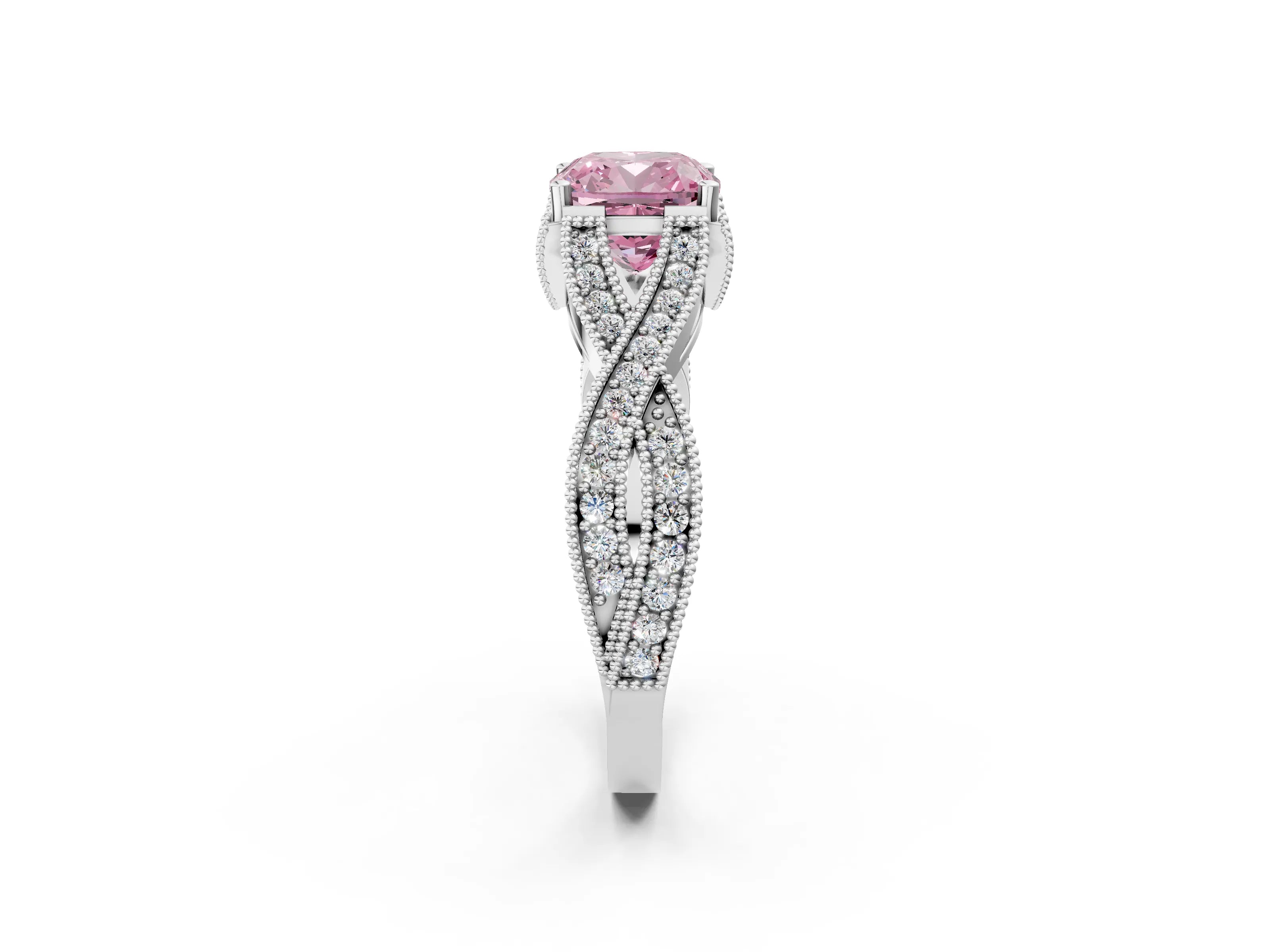White gold Fancy Pink Cushion Cut Cut Diamond Twisted Band with Milgrain Pave Setting and Four-Prong Setting_14