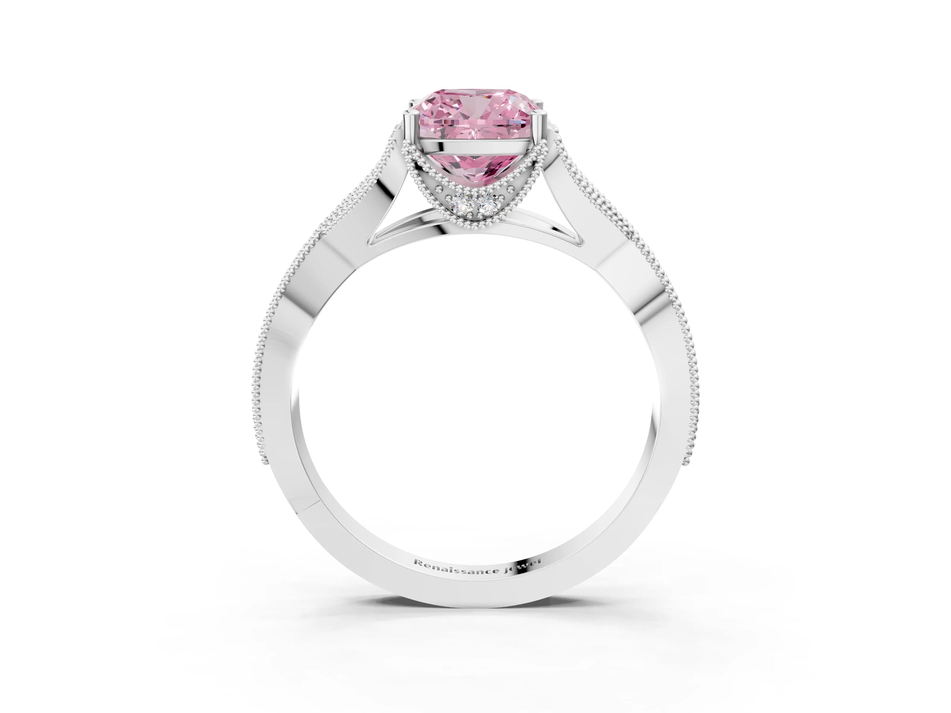 White gold Fancy Pink Cushion Cut Cut Diamond Twisted Band with Milgrain Pave Setting and Four-Prong Setting_15