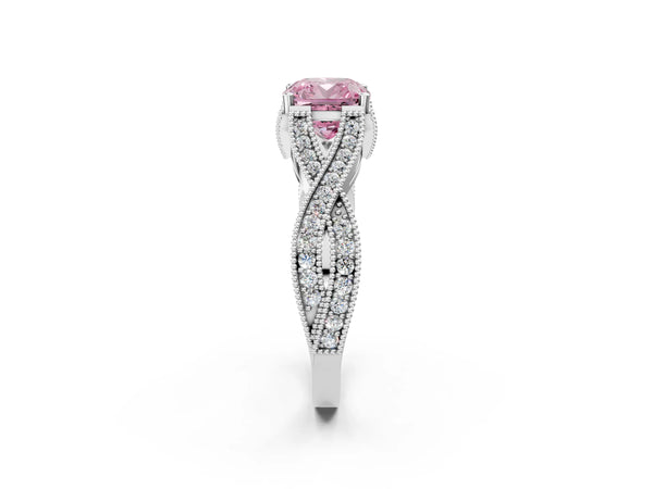 Platinum Cushion Cut Graduated Pave Twist Engagement Ring Setting for Fancy Pink Center