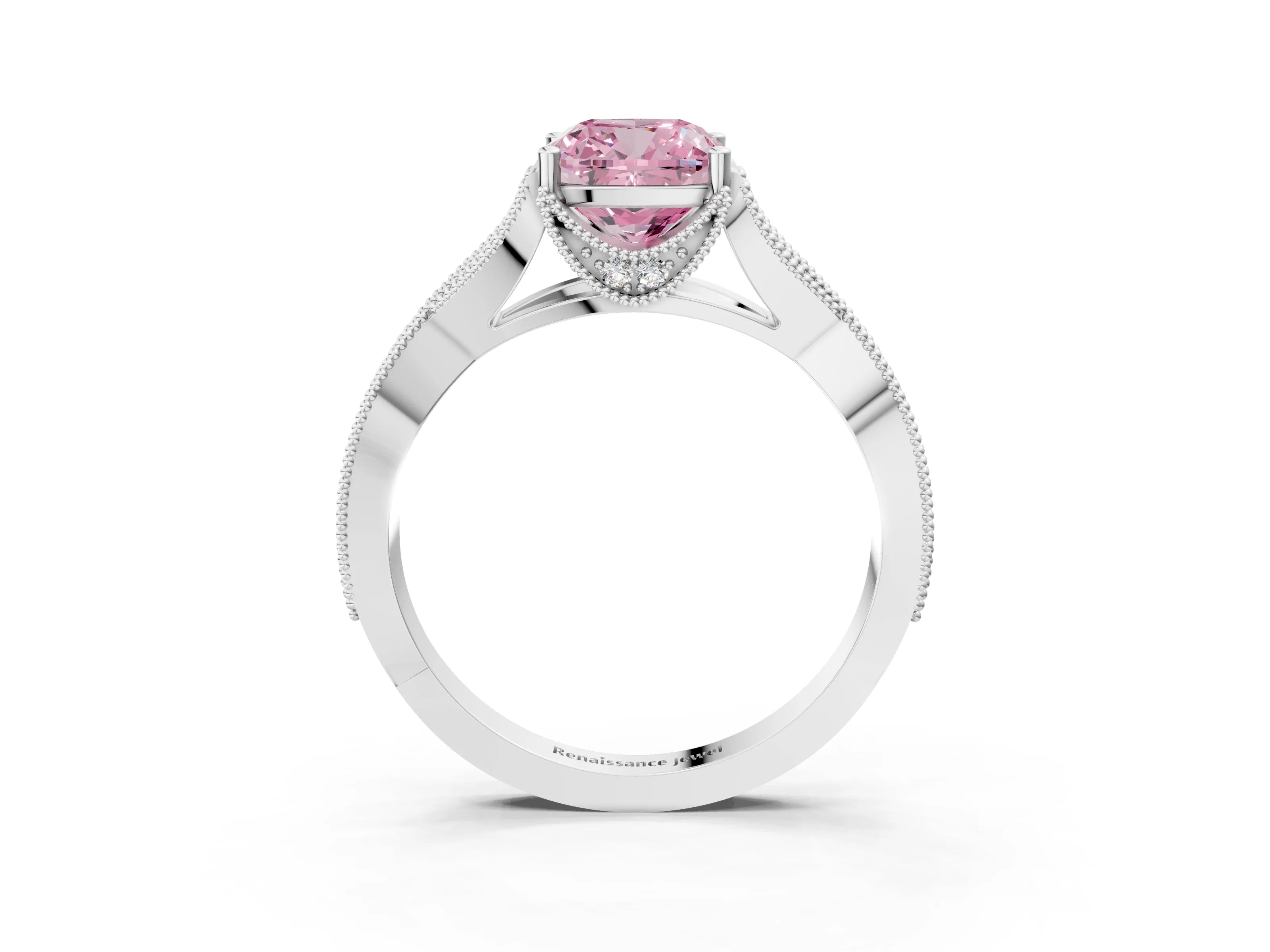 White gold Fancy Pink Cushion Cut Cut Diamond Twisted Band with Milgrain Pave Setting and Four-Prong Setting_7