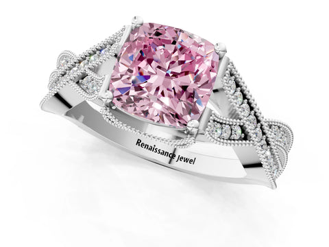 White gold Fancy Pink Cushion Cut Cut Diamond Twisted Band with Milgrain Pave Setting and Four-Prong Setting_7