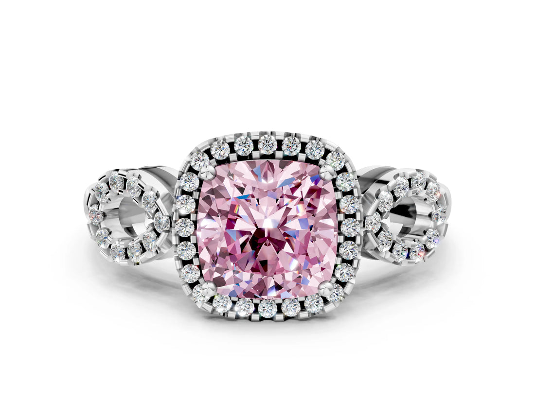White gold Fancy Pink Cushion Cut Cut Halo Diamond Infinity Band with Four-Prong Setting
