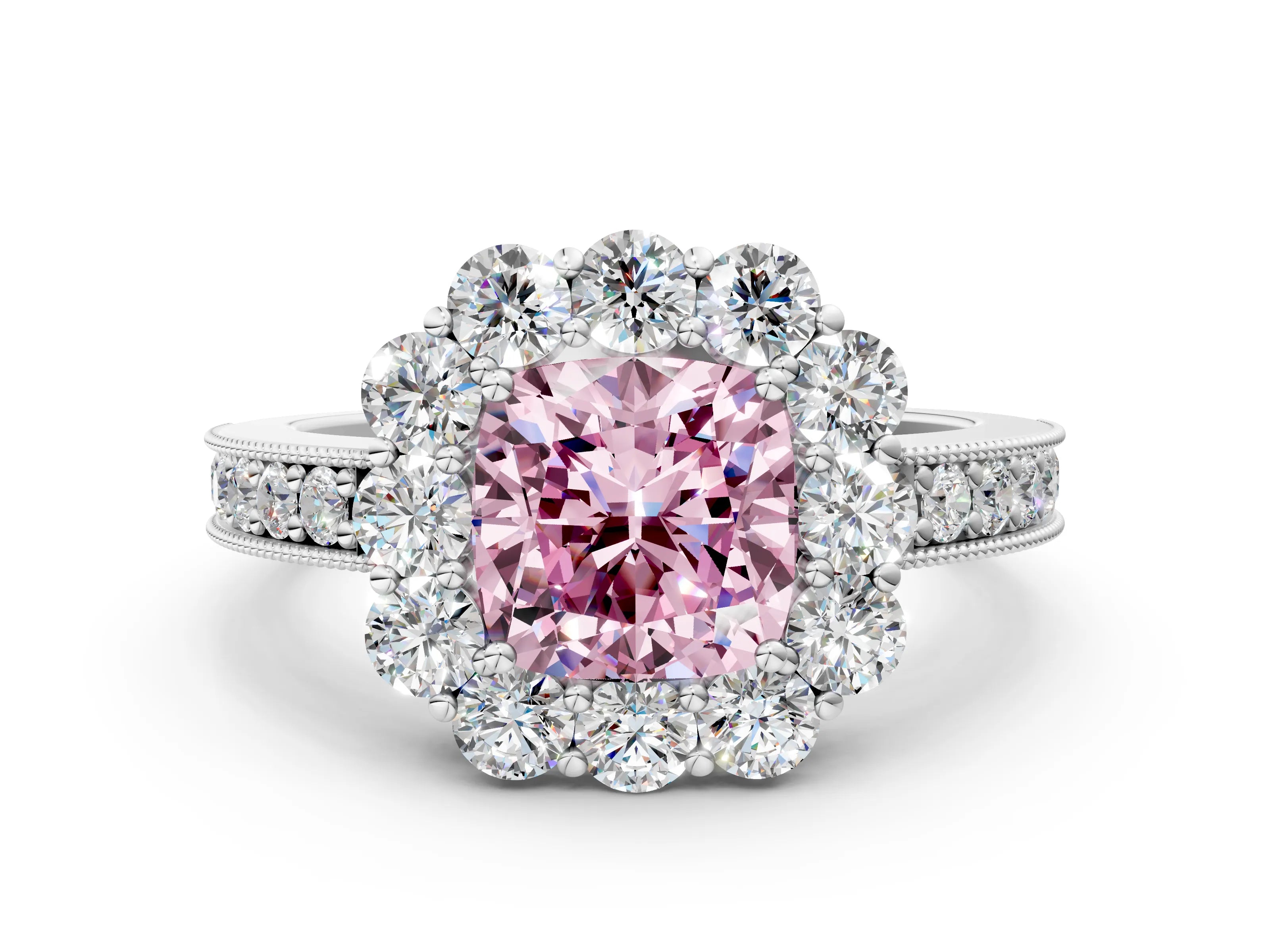 White gold Fancy Pink Cushion Cut Cut Halo Diamond Pavé Engagement Ring with Milgrain Detailing_12