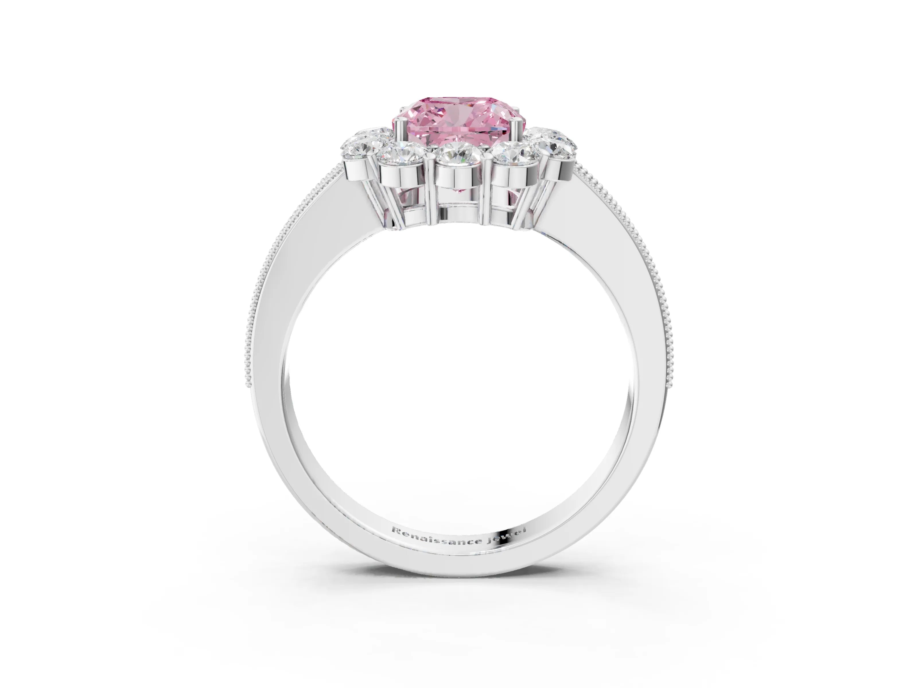 White gold Fancy Pink Cushion Cut Cut Halo Diamond Pavé Engagement Ring with Milgrain Detailing_15