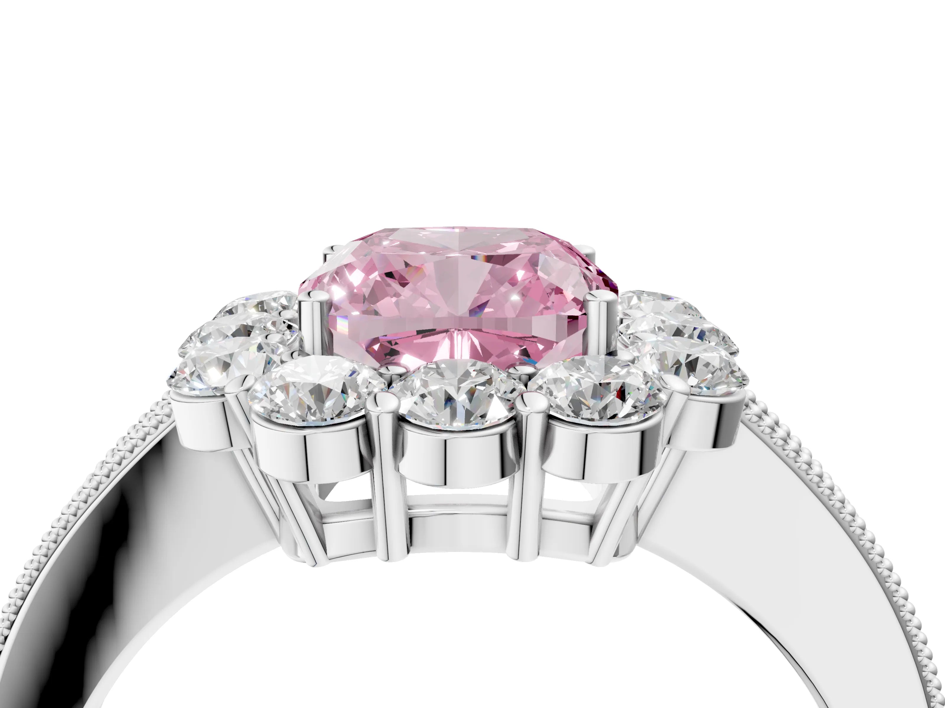 White gold Fancy Pink Cushion Cut Cut Halo Diamond Pavé Engagement Ring with Milgrain Detailing_16