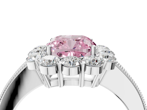 White gold Fancy Pink Cushion Cut Cut Halo Diamond Pavé Engagement Ring with Milgrain Detailing_16