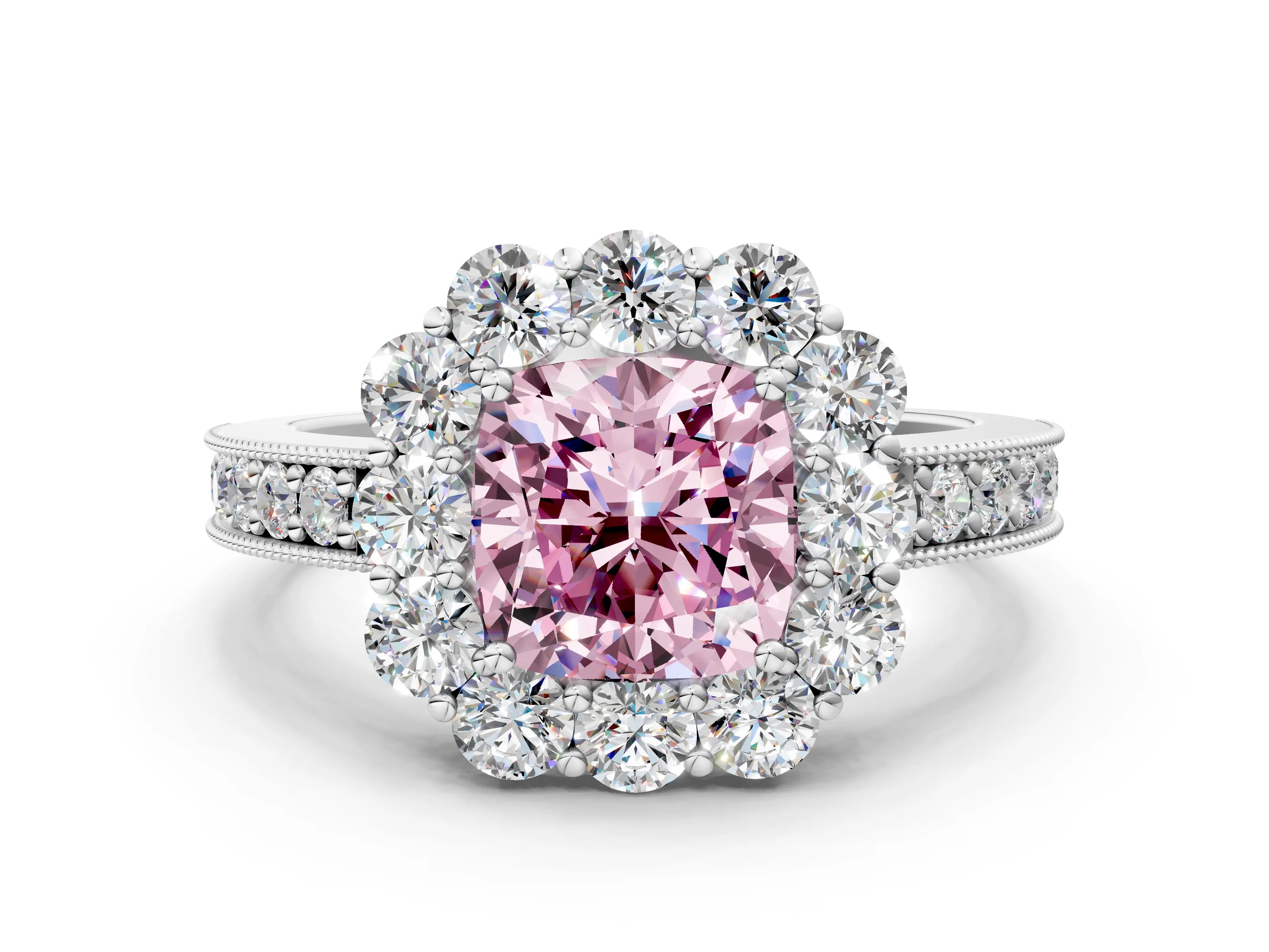 White gold Fancy Pink Cushion Cut Cut Halo Diamond Pavé Engagement Ring with Milgrain Detailing_24