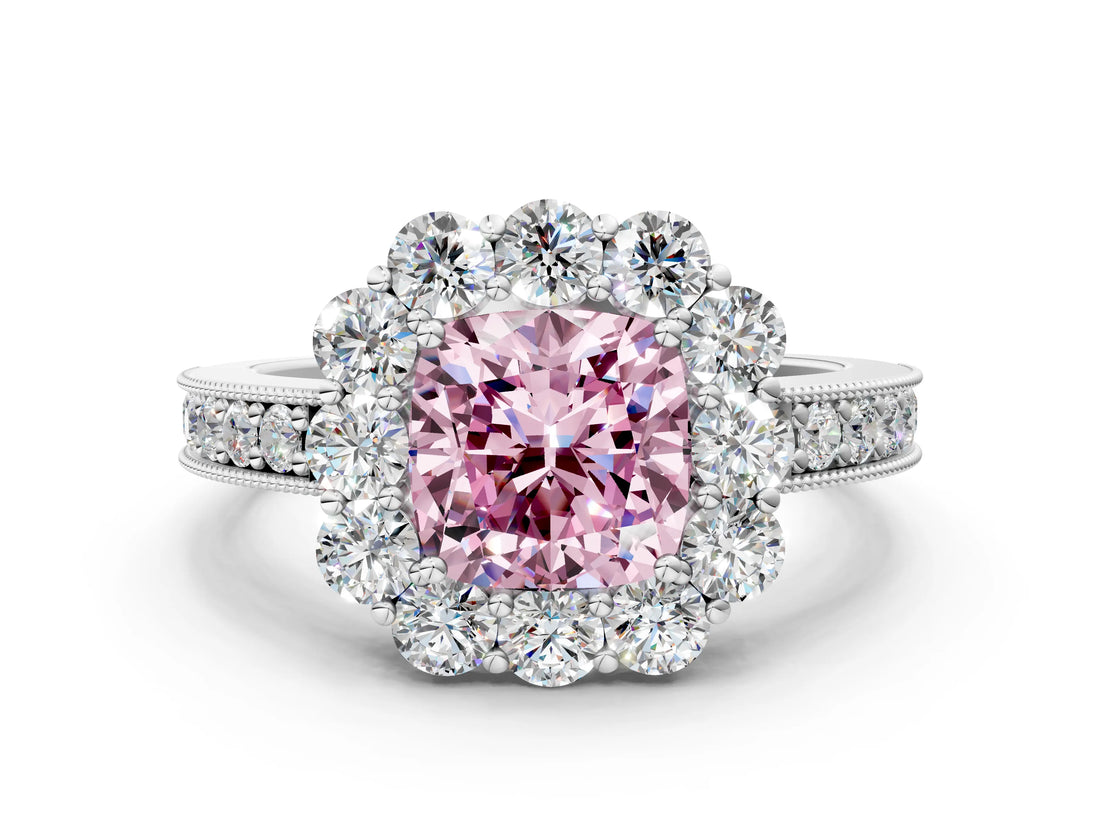 White gold Fancy Pink Cushion Cut Cut Halo Diamond Pavé Engagement Ring with Milgrain Detailing_24