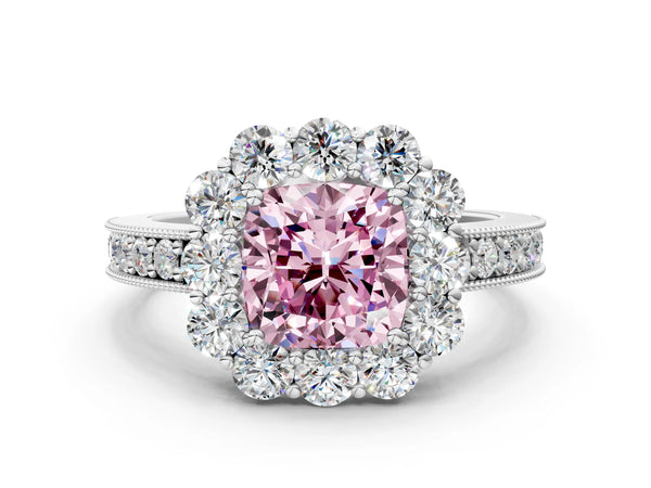 Platinum Fancy Pink Cushion Cut Cut Halo Diamond Pavé Engagement Ring with Milgrain Detailing