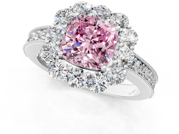 Platinum Fancy Pink Cushion Cut Cut Halo Diamond Pavé Engagement Ring with Milgrain Detailing