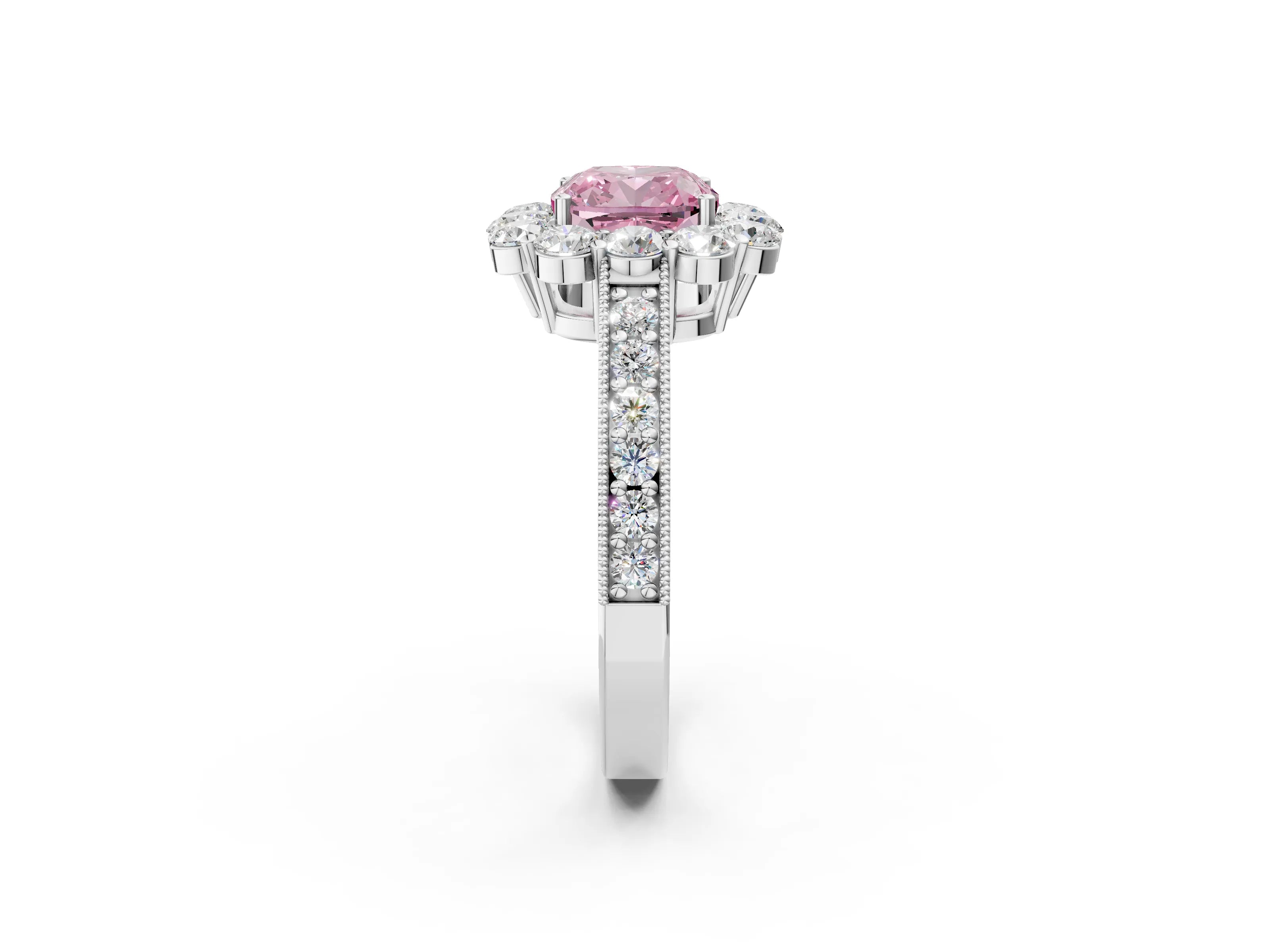 White gold Fancy Pink Cushion Cut Cut Halo Diamond Pavé Engagement Ring with Milgrain Detailing_26