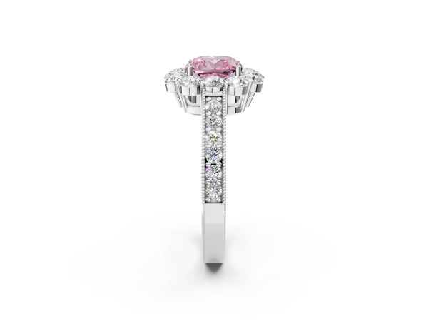 Platinum Fancy Pink Cushion Cut Cut Halo Diamond Pavé Engagement Ring with Milgrain Detailing