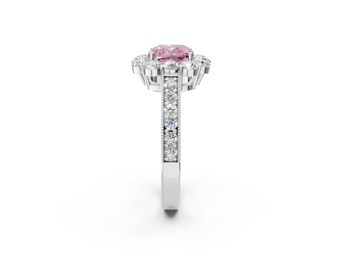White gold Fancy Pink Cushion Cut Cut Halo Diamond Pavé Engagement Ring with Milgrain Detailing_26
